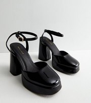 New Look Black Patent 2 Part Platform Block Heel Sandals